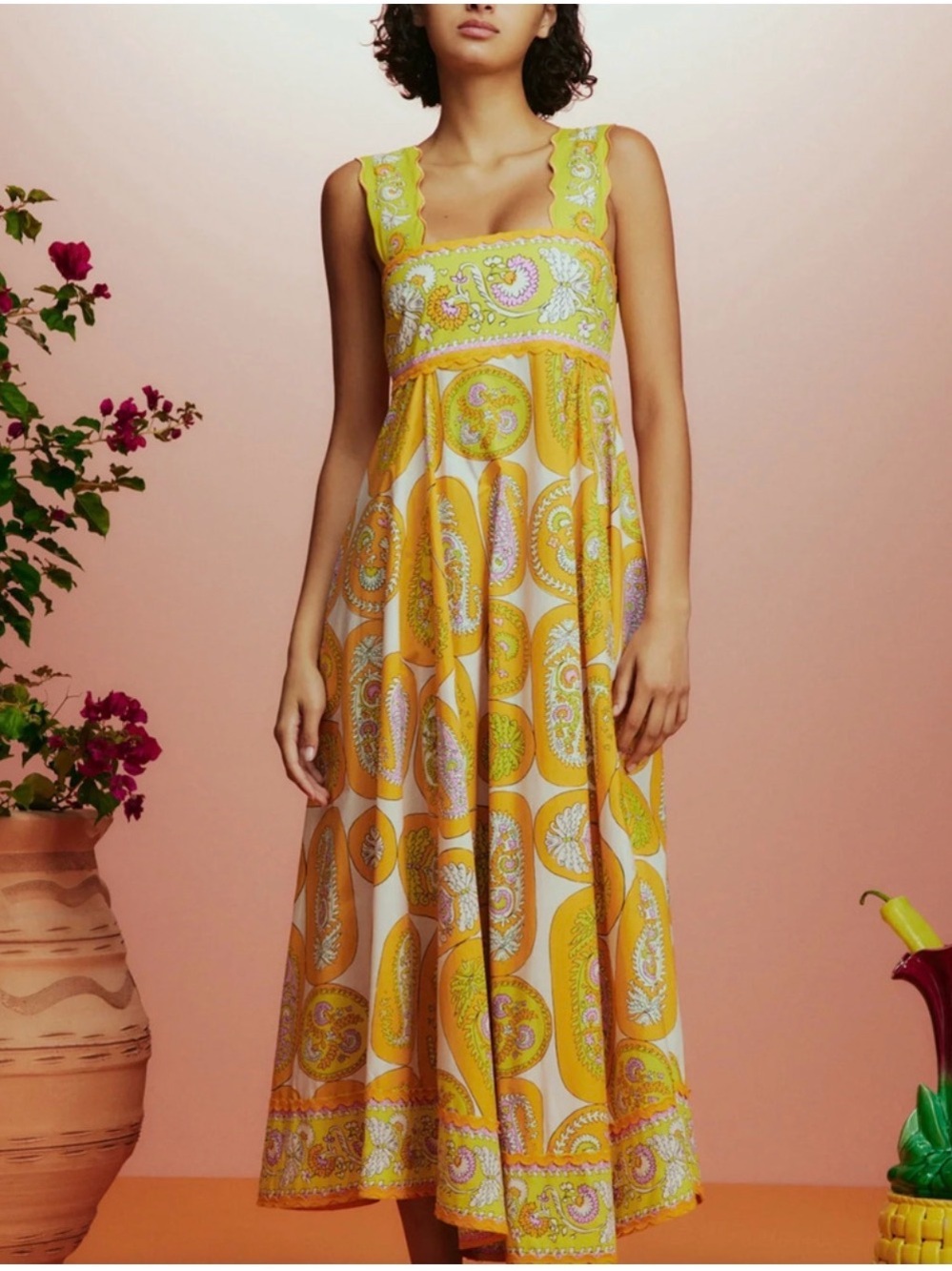 ALEMAIS • NWT Diana Summer Dress US 6 paisley Ric rac golden yellow pink